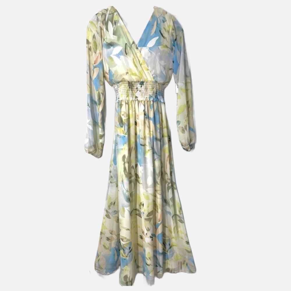 Laundry by Shelli Segal NWT Floral Maxi Dress Long Sleeve Blue & Green Sz 4